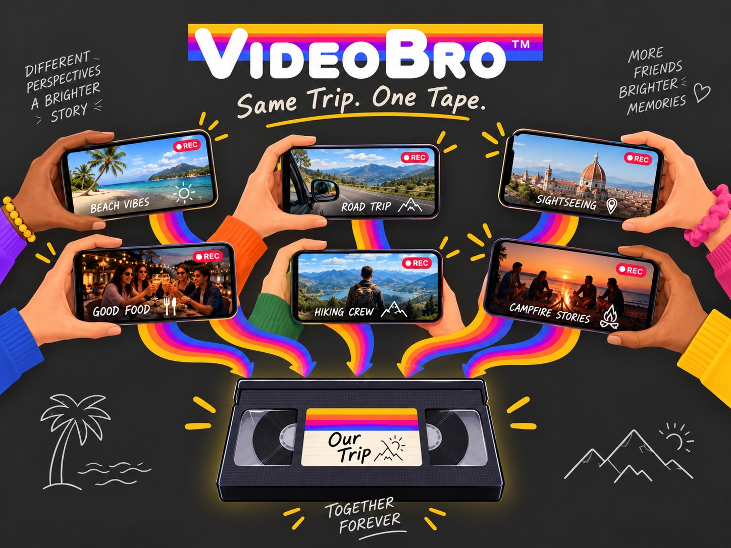 Six phones each filming a different part of a trip: a beach, a road, a hike, a dinner, a city, a campfire. Bright ribbons flow from every phone into one VHS tape labelled Our Trip.