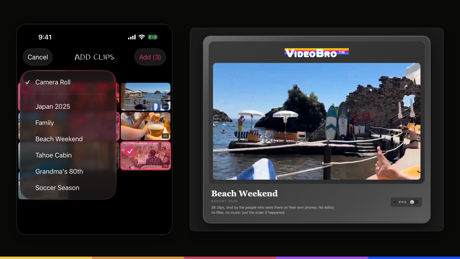 Two screens side by side. On the left, VideoBro on an iPhone: the Add Clips picker with its source menu open, listing the Camera Roll with a checkmark and, below it, Shared Albums. On the right, a finished film playing on VideoBro's web page for shared films.
