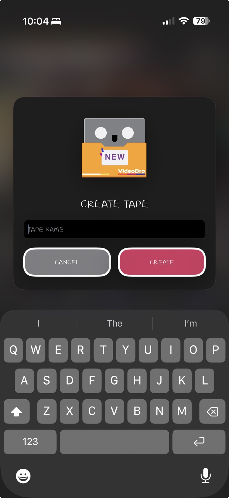The Create Tape dialog on an iPhone: a cassette with a NEW label above the words Create Tape, a Tape Name field, and Cancel and Create buttons over the keyboard.